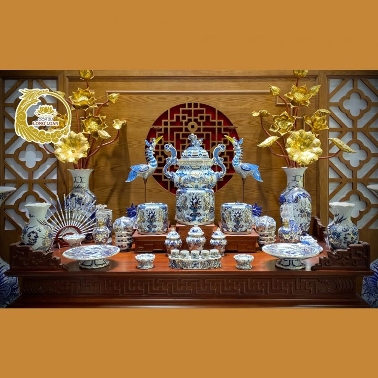 Vàng Kim – Bộ Đồ Thờ Rồng Nổi Ngũ Long – Men Lam