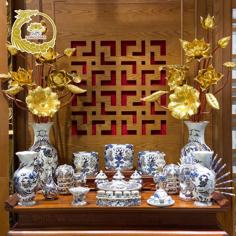 Vàng Kim – Bộ Đồ Thờ Rồng Nổi Ngũ Long – Men Lam