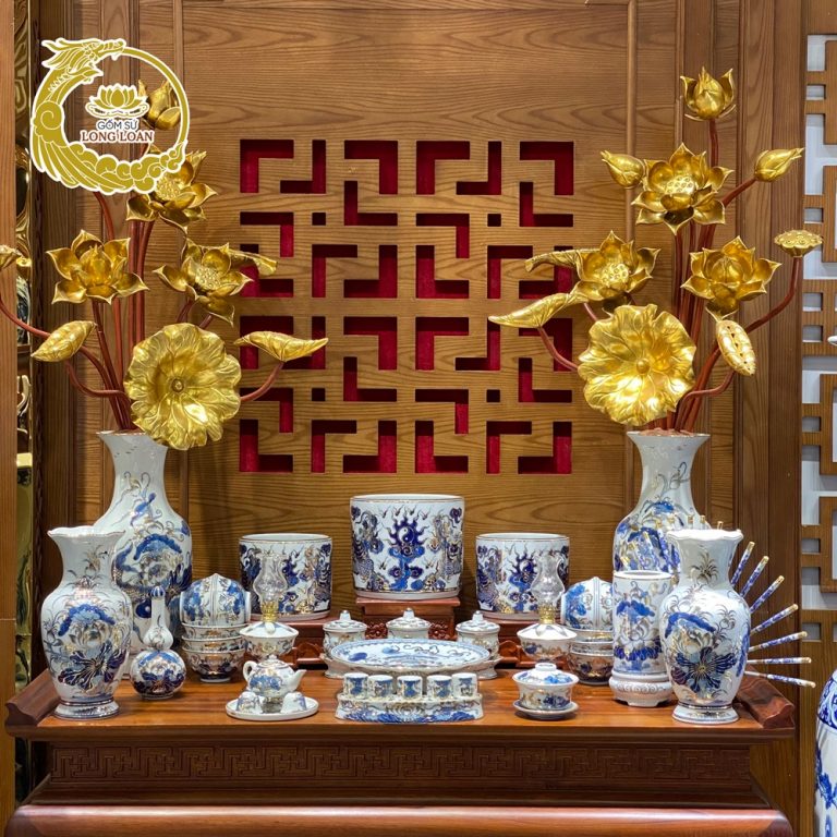 Vàng Kim – Bộ Đồ Thờ Phú Quý – Men Lam (Bát hương vuốt tay)