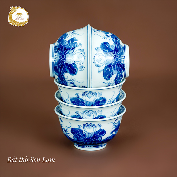 Bộ bát thờ Sen Lam – Gốm sứ Bát Tràng