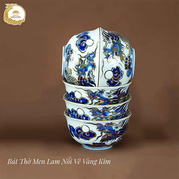 Bát thờ Rồng men lam nổi vẽ vàng kim – Gốm sứ Bát Tràng