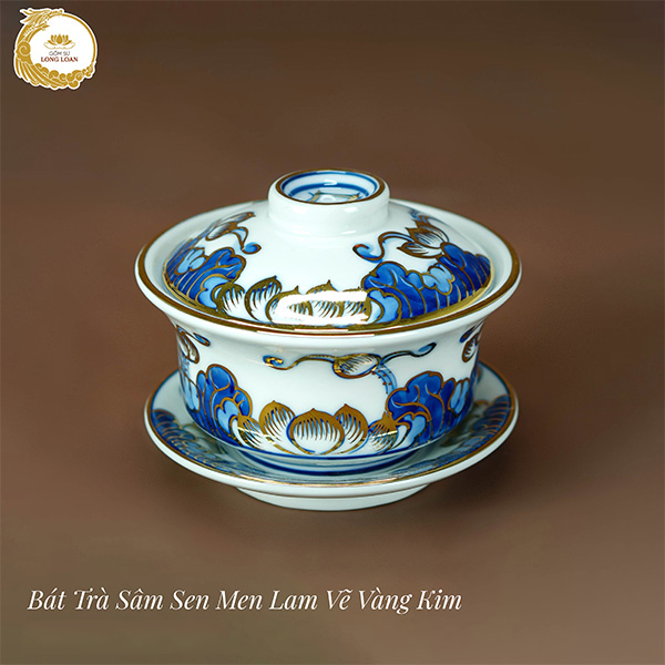 Bát trà sâm Sen men lam vẽ vàng kim – Gốm sứ Bát Tràng
