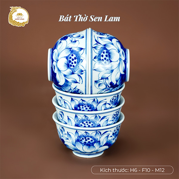 Bộ bát thờ Sen Lam – Gốm sứ Bát Tràng