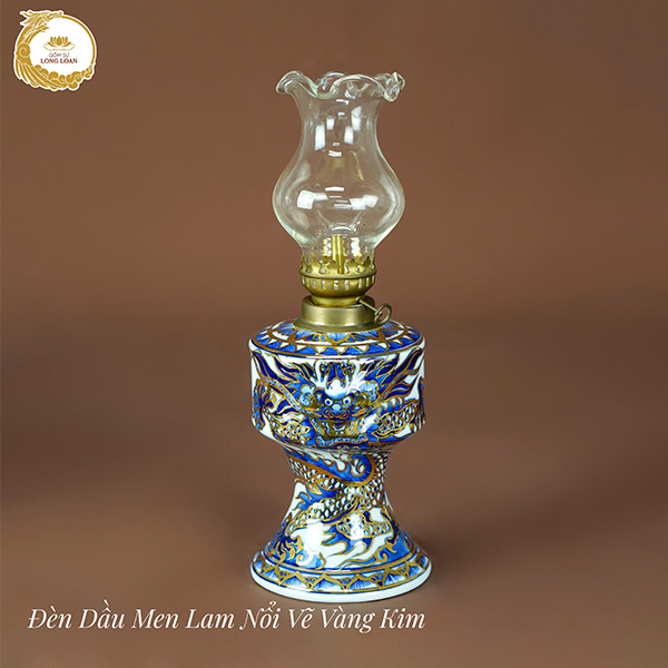 Đèn dầu Rồng men lam nổi vẽ vàng kim – Gốm sứ Bát Tràng