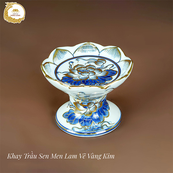 Khay trầu Sen men lam vẽ vàng kim – Gốm sứ Bát Tràng