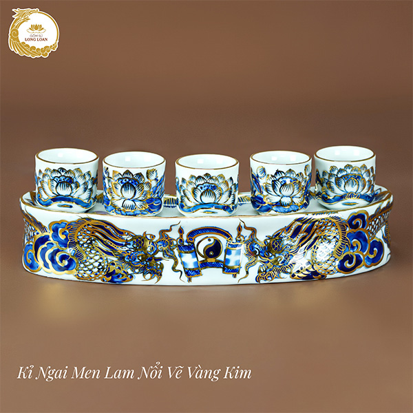 Kỷ ngai 5 chén men lam nổi vẽ vàng kim – Gốm sứ Bát Tràng