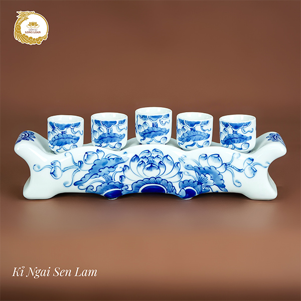Kỷ ngai thờ 5 chén Sen Lam – Gốm sứ Bát Tràng