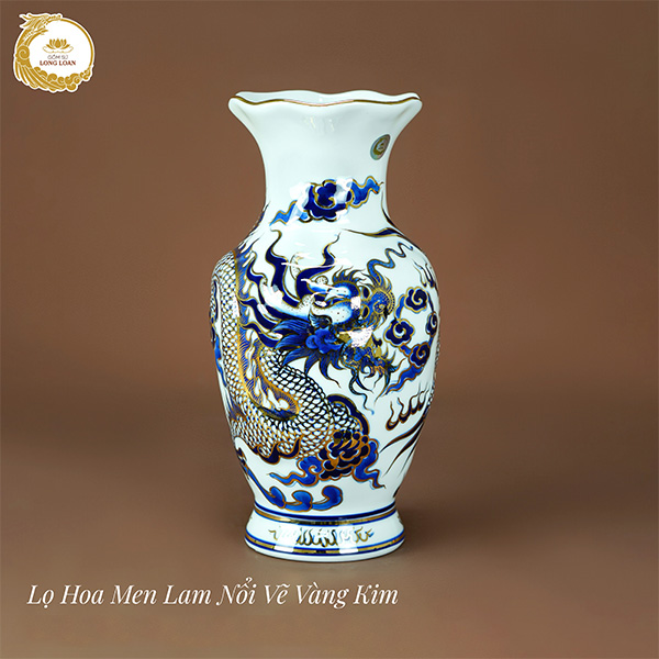 Lọ hoa Rồng Phượng men lam nổi vẽ vàng kim – Gốm sứ Bát Tràng