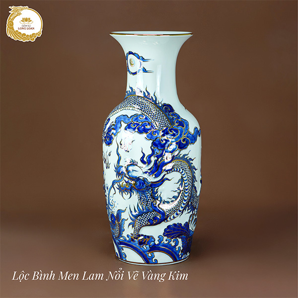 Lộc bình Rồng men lam nổi vẽ vàng kim – Gốm sứ Bát Tràng