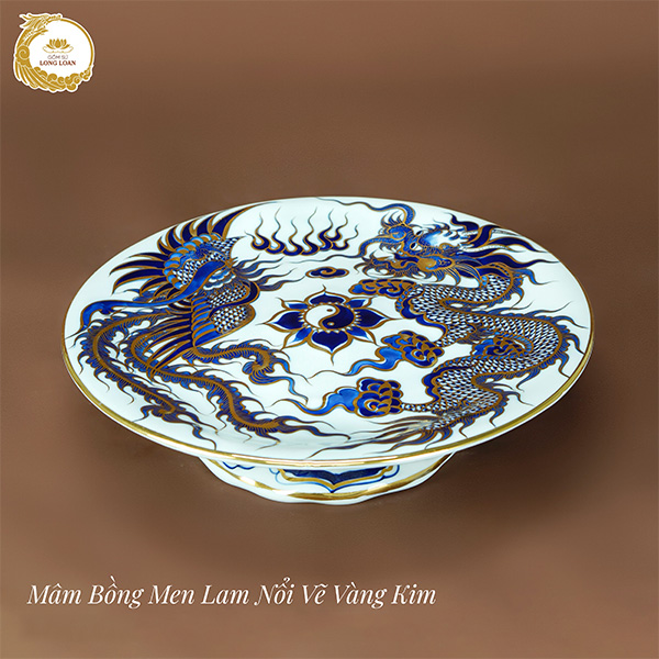 Mâm bồng Rồng Phượng men lam nổi vẽ vàng kim – Gốm sứ Bát Tràng