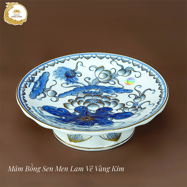 Mâm bồng Sen men lam vẽ vàng kim – Gốm sứ Bát Tràng