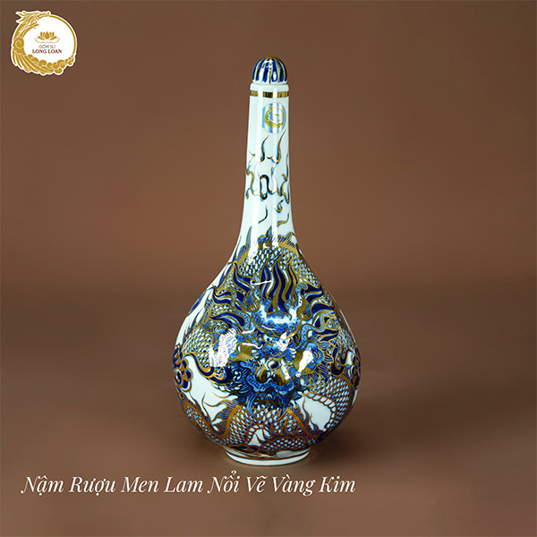 Nậm rượu 1 bầu Rồng men lam nổi vẽ vàng kim – Gốm sứ Bát Tràng