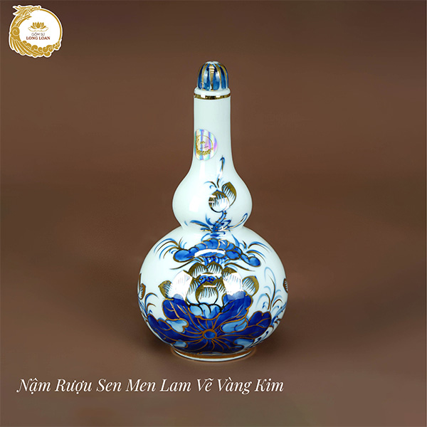 Nậm rượu 2 bầu Sen men lam vẽ vàng kim – Gốm sứ Bát Tràng