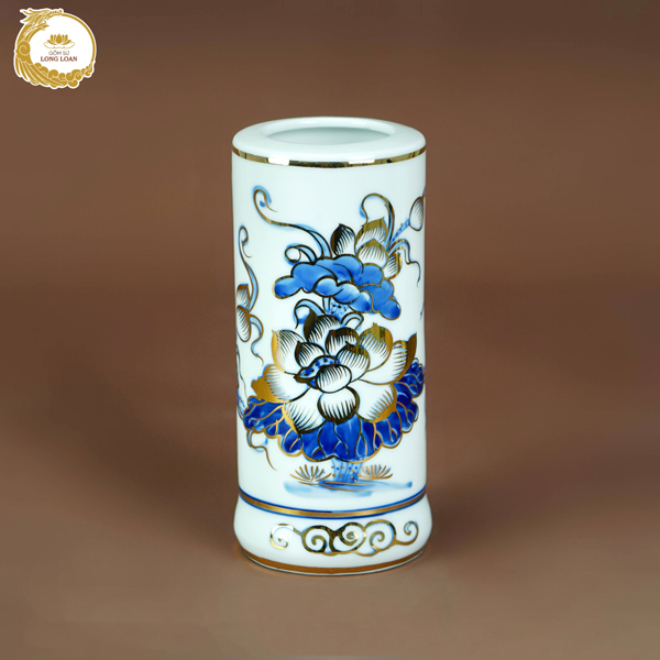 Ống hương Sen men lam vẽ vàng kim – Gốm sứ Bát Tràng