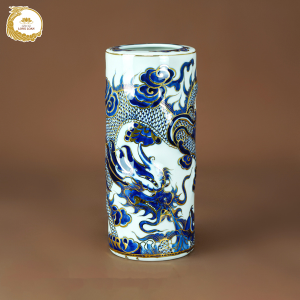 Ống hương Rồng men lam nổi vẽ vàng kim – Gốm sứ Bát Tràng