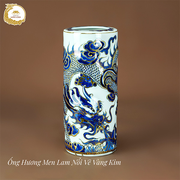 Ống hương Rồng men lam nổi vẽ vàng kim – Gốm sứ Bát Tràng