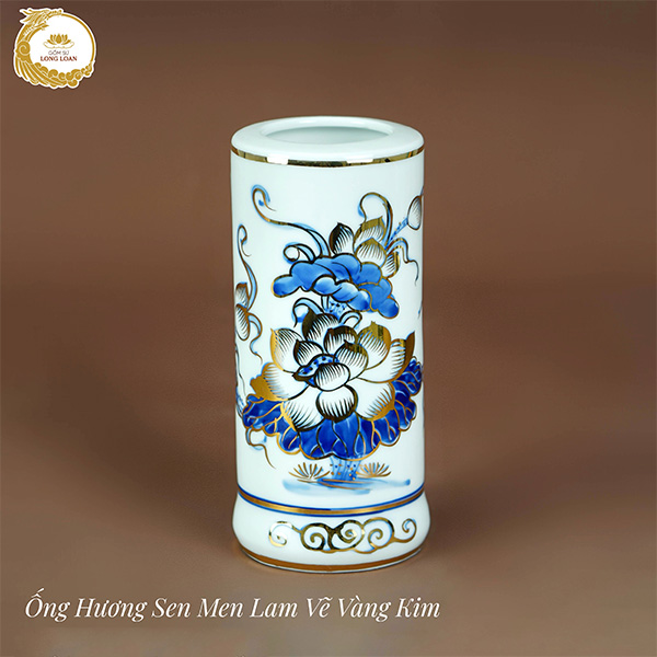 Ống hương Sen men lam vẽ vàng kim – Gốm sứ Bát Tràng