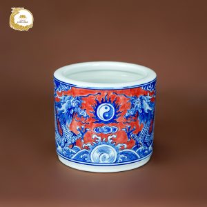 Bát hương song long chầu nguyệt men đỏ gốm sứ Bát Tràng