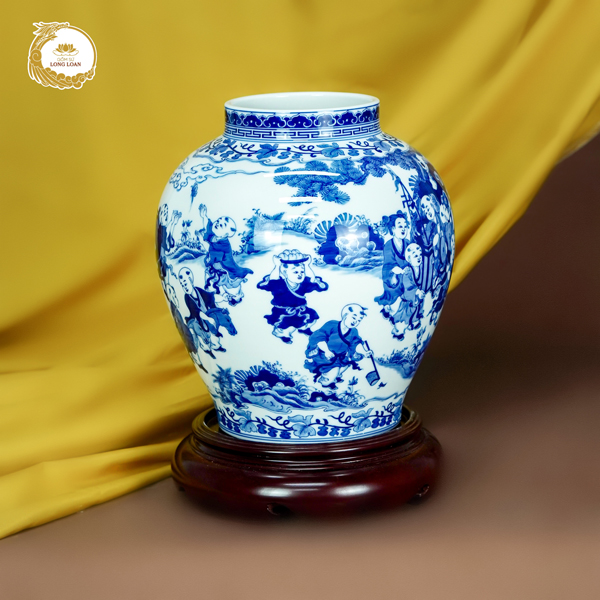 Bình gốm Tôn Tử Vạn Đại men lam gốm sứ Bát Tràng cao cấp Long Loan