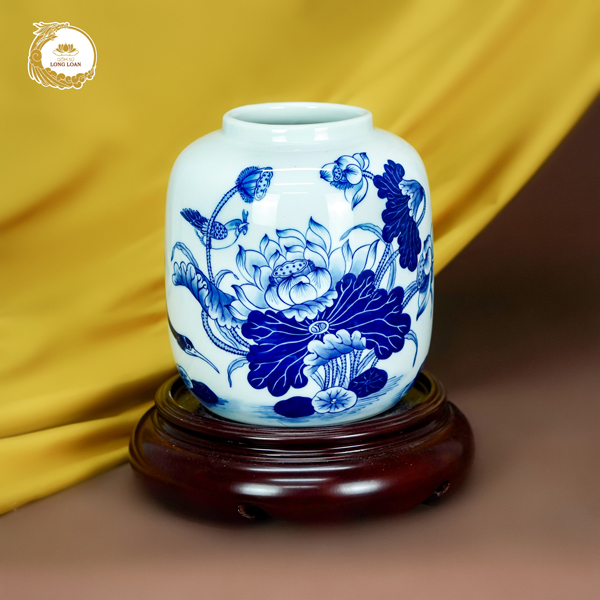 Bình gốm Sen Hạc men lam – Gốm sứ Bát Tràng