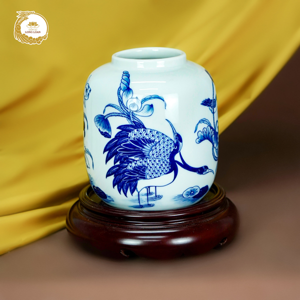 Bình gốm Sen Hạc men lam gốm sứ Bát Tràng Long Loan