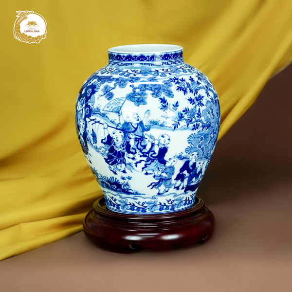 Bình gốm Tôn Tử Vạn Đại men lam – Gốm sứ Bát Tràng