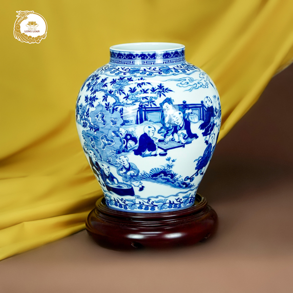 Bình gốm Tôn Tử Vạn Đại men lam gốm sứ Bát Tràng cao cấp Long Loan