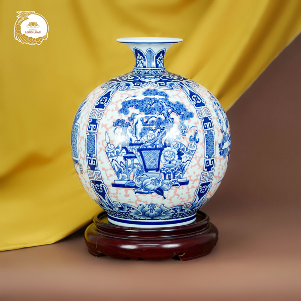 Bình hút tài lộc Cổ Đồ Tứ Cảnh men lam gốm sứ Bát Tràng cao cấp - Cây tùng hoa mẫu đơn quả phật thủ
