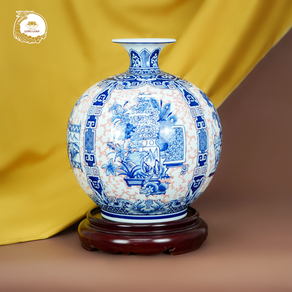 Bình hút tài lộc Cổ Đồ Tứ Cảnh men lam gốm sứ Bát Tràng cao cấp - Hoa cúc, quả lựu
