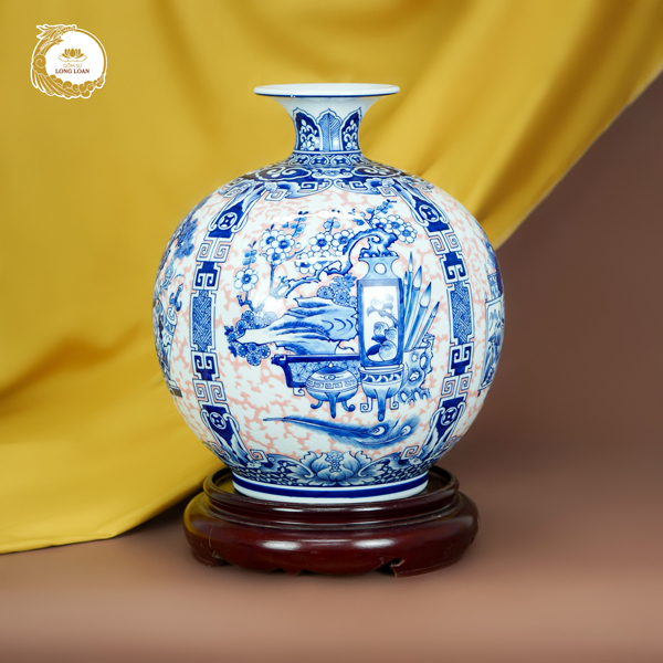 Bình hút tài lộc Cổ Đồ Tứ Cảnh men lam gốm sứ Bát Tràng cao cấp - Hoa đào, quả đào