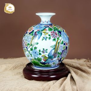 Bình hút tài lộc Minh Điểu Vinh Hoa gốm sứ Bát Tràng - Chim trĩ hoa mẫu đơn