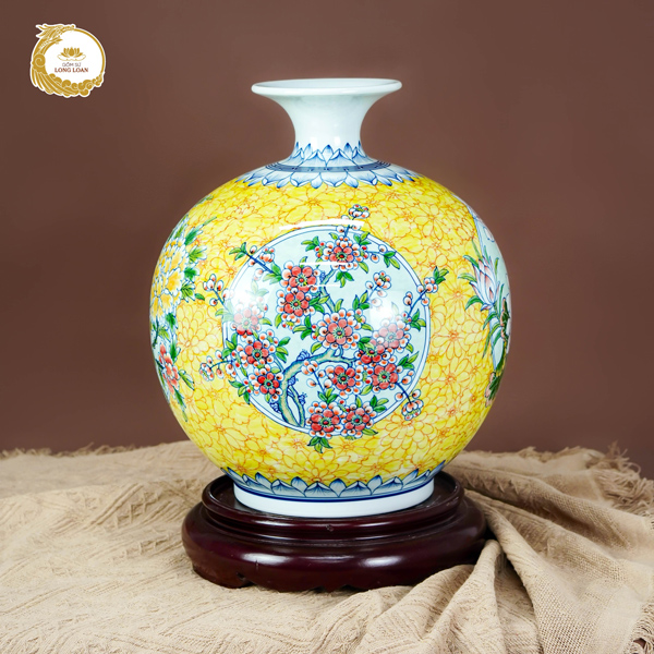 Bình hút tài lộc Hoa Khai Phú Quý gốm sứ Bát Tràng - Hoa đào