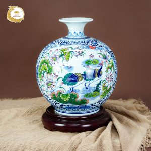 Bình hút tài lộc phong thủy Sen Hạc gốm sứ Bát Tràng cao cấp