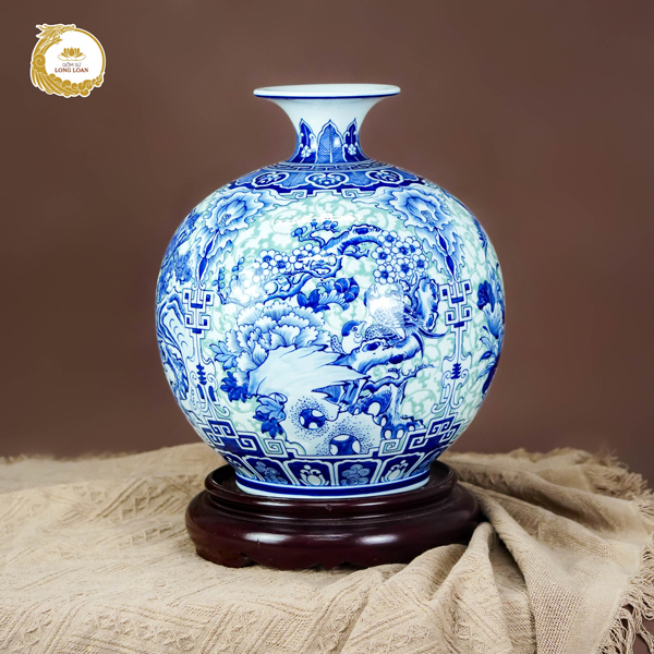 Bình hút tài lộc Tứ Cảnh men lam gốm sứ Bát Tràng - Hoa đào, mẫu đơn, chim én