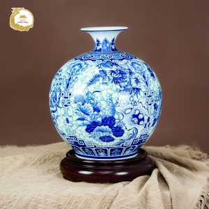 Bình hút tài lộc Tứ Cảnh men lam gốm sứ Bát Tràng - Hoa sen, cây tre, chim sáo