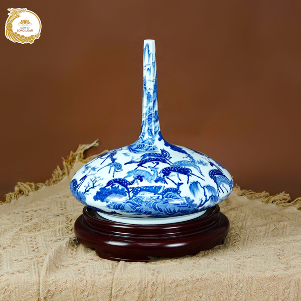 Bình hút tài lộc Tùng Lộc Quần Tụ men lam gốm sứ Bát Tràng cao cấp Long Loan