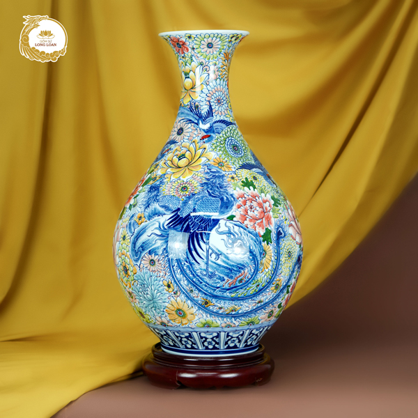 Bình tỳ bà Phượng Vũ Trường Xuân gốm sứ Bát Tràng