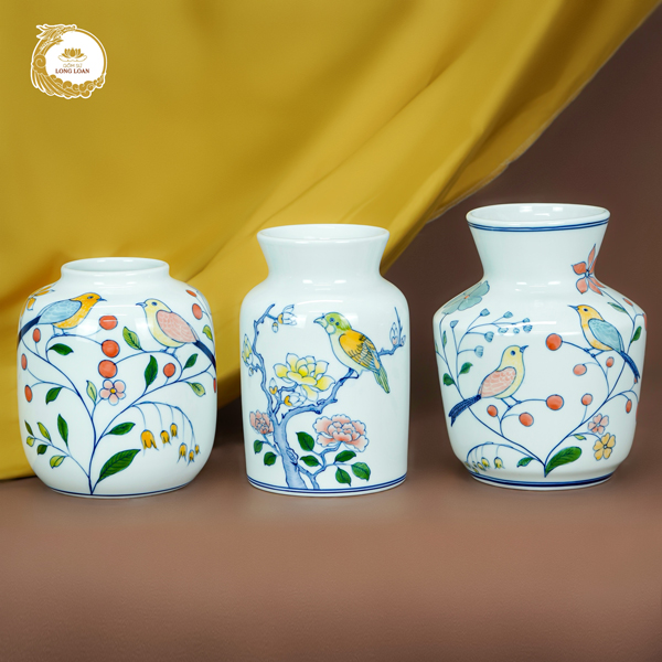 Bộ 3 bình hoa vẽ Chim và Hoa – Gốm sứ Bát Tràng