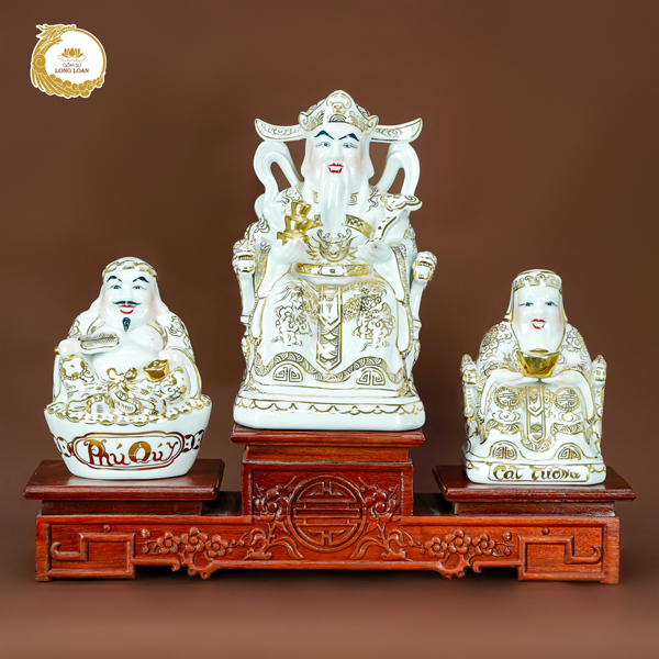 Bộ 3 ông Thần Tài – Thổ Địa Bạch Ngọc vẽ vàng kim – Gốm sứ Bát Tràng
