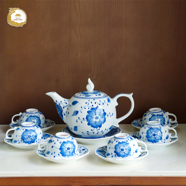 Bộ ấm chén trà Hoa Dây men lam – Gốm sứ Bát Tràng