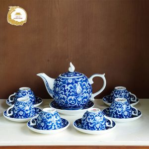 Bộ ấm trà hoa sen cách điệu men lam gốm sứ Bát Tràng cao cấp Long Loan