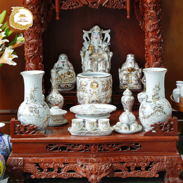Bộ đồ thờ Thần Tài Bạch Ngọc Vẽ Vàng Kim – Gốm sứ Bát Tràng