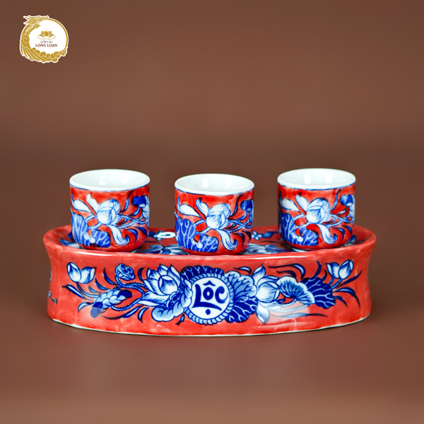 Kỷ ngai 3 chén thờ Sen men đỏ – Gốm sứ Bát Tràng