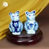 Tượng mèo phong thủy vẽ bách hoa men lam gốm sứ Bát Tràng