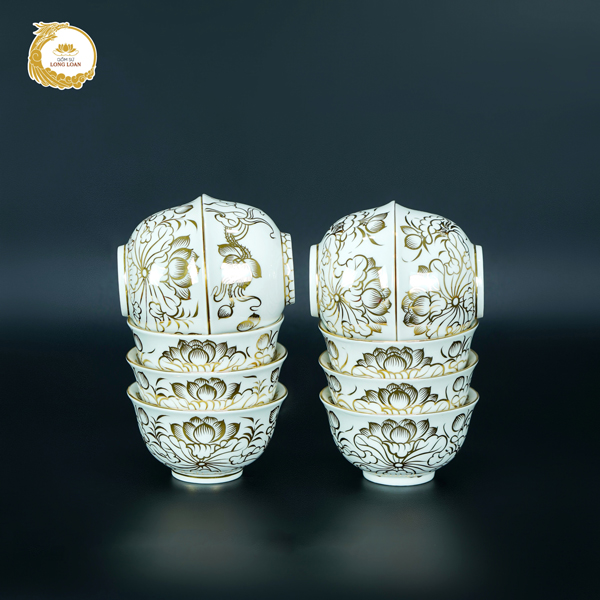 Bát thờ Sen bạch ngọc vẽ vàng kim – Gốm sứ Bát Tràng